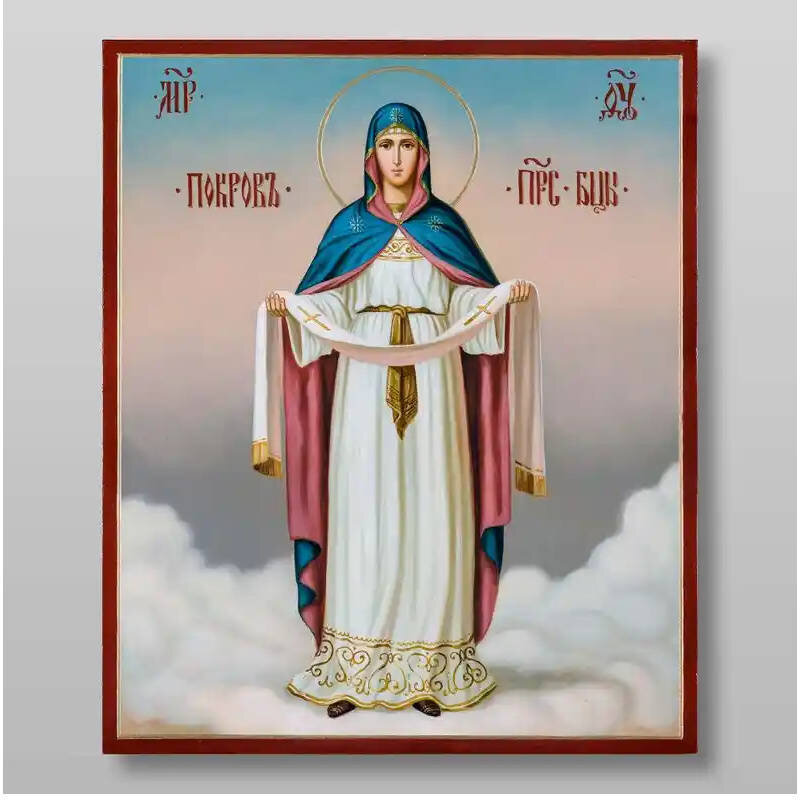 Σετ των 2 Εικόνα Ορθοδοξίας με περίγραμμα χρυσό σε ξύλο Φλαμουρίας  με  βάση Εικόνα της Μητέρας του Θεού Pokrov Χειροποίητη Ελληνορθόδοξη , Κρεμαστή πλάκα βυζαντινής τέχνης, χριστιανική τέχνη Διάσταση 15x11 cm (5,9 x 4,3 ίντσες) INTRAEK-2785