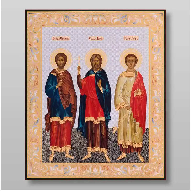 Σετ των 2 Εικόνα Ορθοδοξίας με περίγραμμα χρυσό σε ξύλο Φλαμουρίας  με  βάση Μάρτυρες Gury Samon και Aviv, Χειροποίητη Ελληνορθόδοξη , Κρεμαστή πλάκα βυζαντινής τέχνης, χριστιανική τέχνη Διάσταση 15x11 cm (5,9 x 4,3 ίντσες) INTRAEK-2762