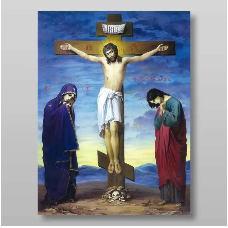 Σετ των 2 Εικόνα Ορθοδοξίας με περίγραμμα χρυσό σε ξύλο Φλαμουρίας  με  βάση Γολγοθά Χειροποίητη Ελληνορθόδοξη , Κρεμαστή πλάκα βυζαντινής τέχνης, χριστιανική τέχνη Διάσταση 15x11 cm (5,9 x 4,3 ίντσες) INTRAEK-2759