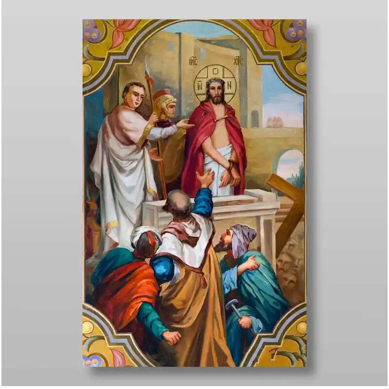 Σετ των 2 Εικόνα Ορθοδοξίας με περίγραμμα χρυσό σε ξύλο Φλαμουρίας  με  βάση Ιδού, ο άνθρωπος κατεβάζει το για την  ορθόδοξων πινάκων.Χειροποίητη Ελληνορθόδοξη , Κρεμαστή πλάκα βυζαντινής τέχνης, χριστιανική τέχνη Διάσταση 15x11 cm (5,9 x 4,3 ίντσες) INTR