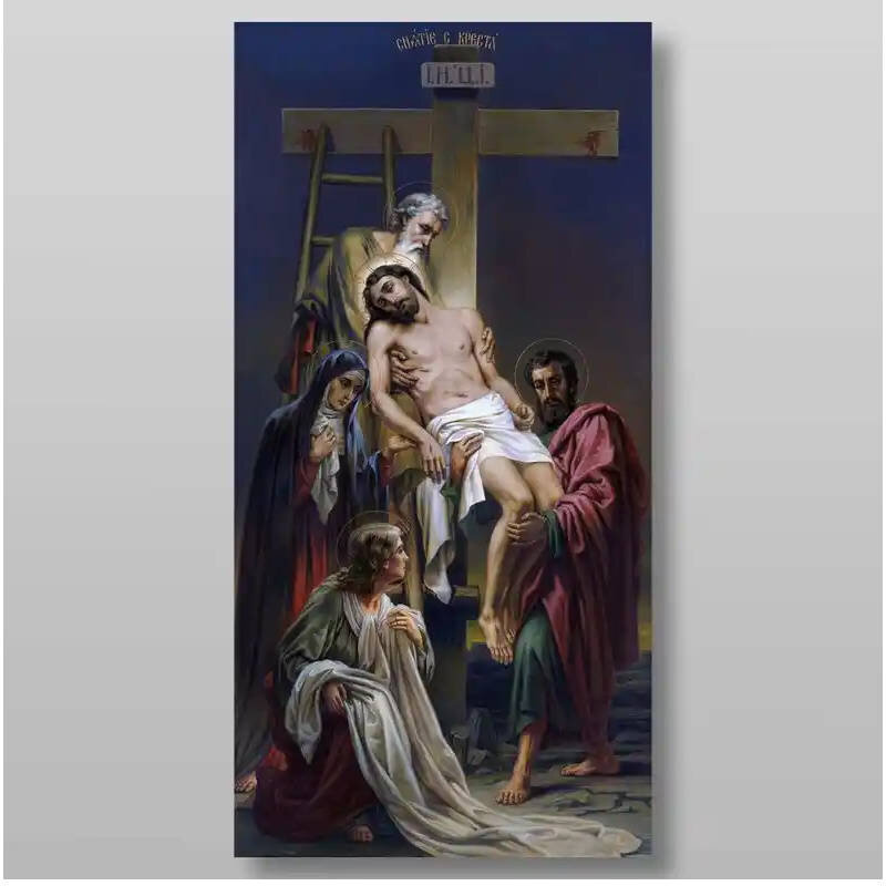 Σετ των 2 Εικόνα Ορθοδοξίας με περίγραμμα χρυσό σε ξύλο Φλαμουρίας  με  βάση Κάθοδος από τον Σταυρό Χειροποίητη Ελληνορθόδοξη , Κρεμαστή πλάκα βυζαντινής τέχνης, χριστιανική τέχνη Διάσταση 15x11 cm (5,9 x 4,3 ίντσες) INTRAEK-2722