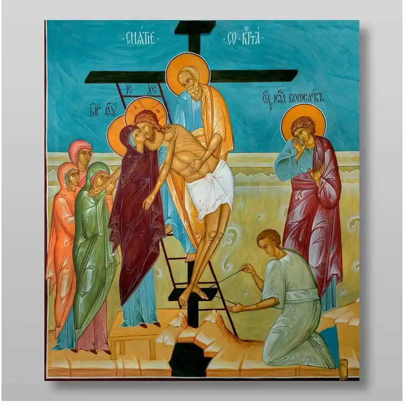 Σετ των 2 Εικόνα Ορθοδοξίας με περίγραμμα χρυσό σε ξύλο Φλαμουρίας  με  βάση Κάθοδος από τον Σταυρό Χειροποίητη Ελληνορθόδοξη , Κρεμαστή πλάκα βυζαντινής τέχνης, χριστιανική τέχνη Διάσταση 15x11 cm (5,9 x 4,3 ίντσες) INTRAEK-2721