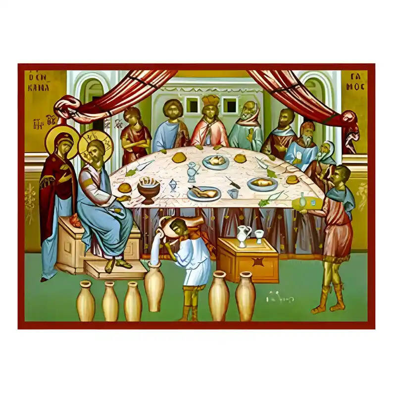 Σετ των 2 Εικόνα Ορθοδοξίας με περίγραμμα χρυσό σε ξύλο Φλαμουρίας  με  βάση Εικόνα Γάμος εν Κανά Χειροποίητη Ελληνορθόδοξη , Κρεμαστή πλάκα βυζαντινής τέχνης, χριστιανική τέχνη Διάσταση 10x7 cm (3,9 x 2,8 ίντσες) INTRAEK-671016