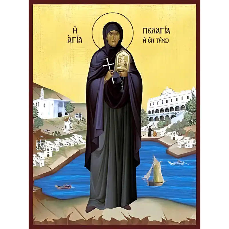 Εικόνα Ορθοδοξίας με περίγραμμα χρυσό σε ξύλο Φλαμουρίας  με  βάση Εικόνα ΑΓΙΑ ΠΕΛΑΓΙΑ Η ΤΗΝΙΑ, ΟΛΟΣΩΜΗ Χειροποίητη Ελληνορθόδοξη εικόνα του Ιησού Χριστού, Κρεμαστή πλάκα βυζαντινής τέχνης, χριστιανική τέχνη Διάσταση 40x30 cm (10,2x7,9 ίντσες)  INTRAEK-14