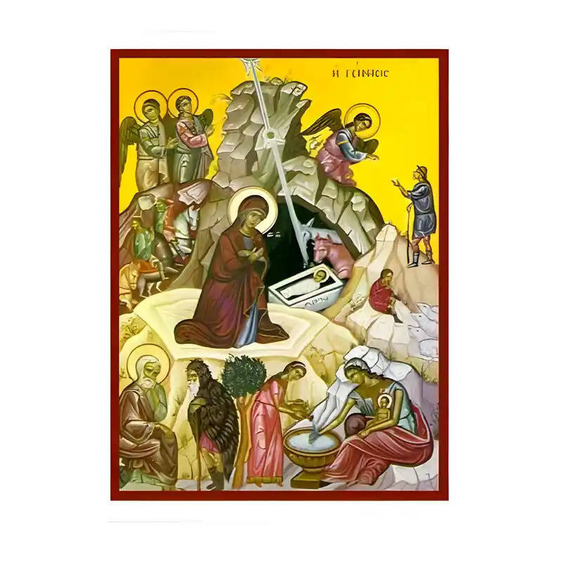 Σετ των 2 Εικόνα Ορθοδοξίας με περίγραμμα χρυσό σε ξύλο Φλαμουρίας  με  βάση Εικόνα Γέννηση του Χριστού Χειροποίητη Ελληνορθόδοξη , Κρεμαστή πλάκα βυζαντινής τέχνης, χριστιανική τέχνη Διάσταση 10x7 cm (3,9 x 2,8 ίντσες) INTRAEK-670823