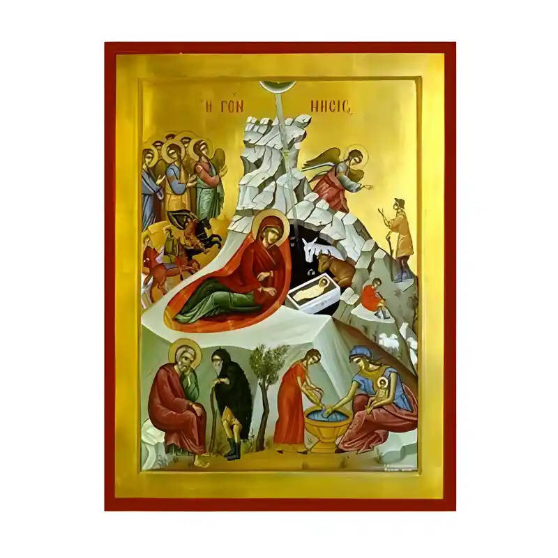 Σετ των 2 Εικόνα Ορθοδοξίας με περίγραμμα χρυσό σε ξύλο Φλαμουρίας  με  βάση Εικόνα Γέννηση του Χριστού Χειροποίητη Ελληνορθόδοξη , Κρεμαστή πλάκα βυζαντινής τέχνης, χριστιανική τέχνη Διάσταση 10x7 cm (3,9 x 2,8 ίντσες) INTRAEK-670822