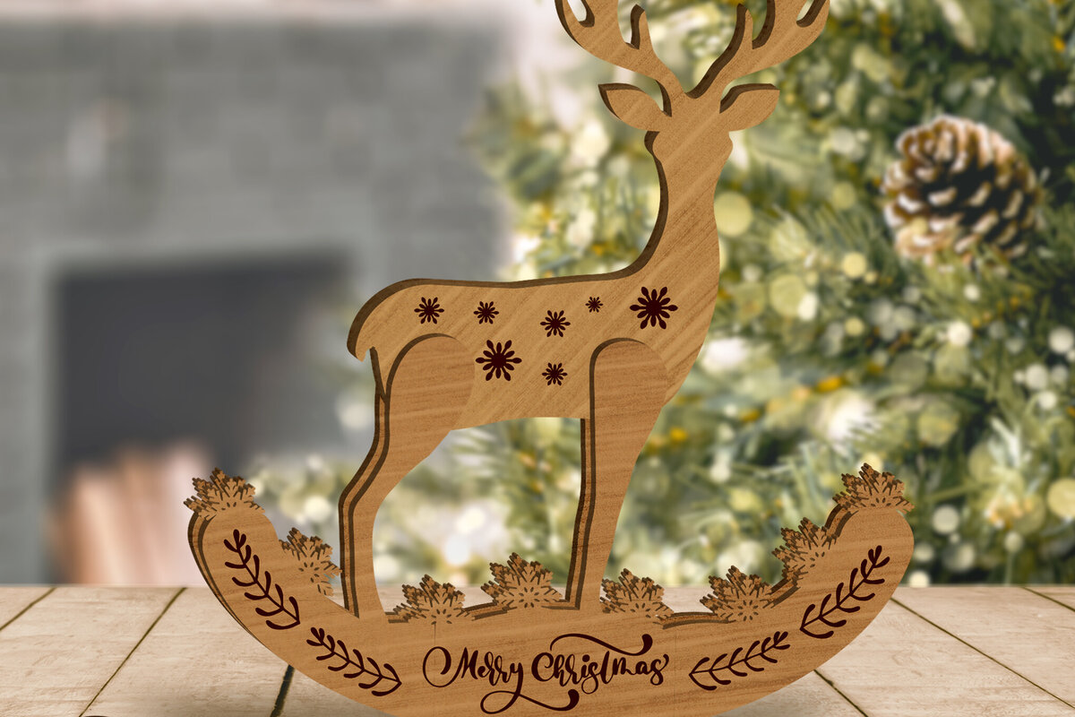 Σετ των 3 Intra απο ξύλο plywood 3mm-4mm πάχος - Πρότυπο κοπής με λέιζερ Χριστουγέννων ελαφιών, σπίτι Δίασταση 7x8 cm INTRAFABR-79916931