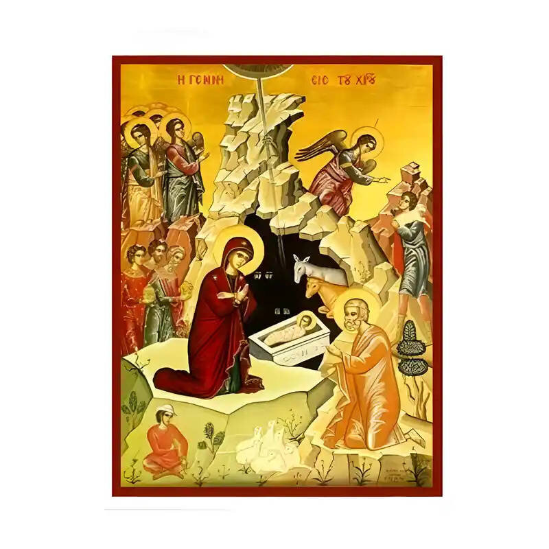 Σετ των 2 Εικόνα Ορθοδοξίας με περίγραμμα χρυσό σε ξύλο Φλαμουρίας  με  βάση Εικόνα Γέννηση του Χριστού Χειροποίητη Ελληνορθόδοξη , Κρεμαστή πλάκα βυζαντινής τέχνης, χριστιανική τέχνη Διάσταση 10x7 cm (3,9 x 2,8 ίντσες) INTRAEK-670821