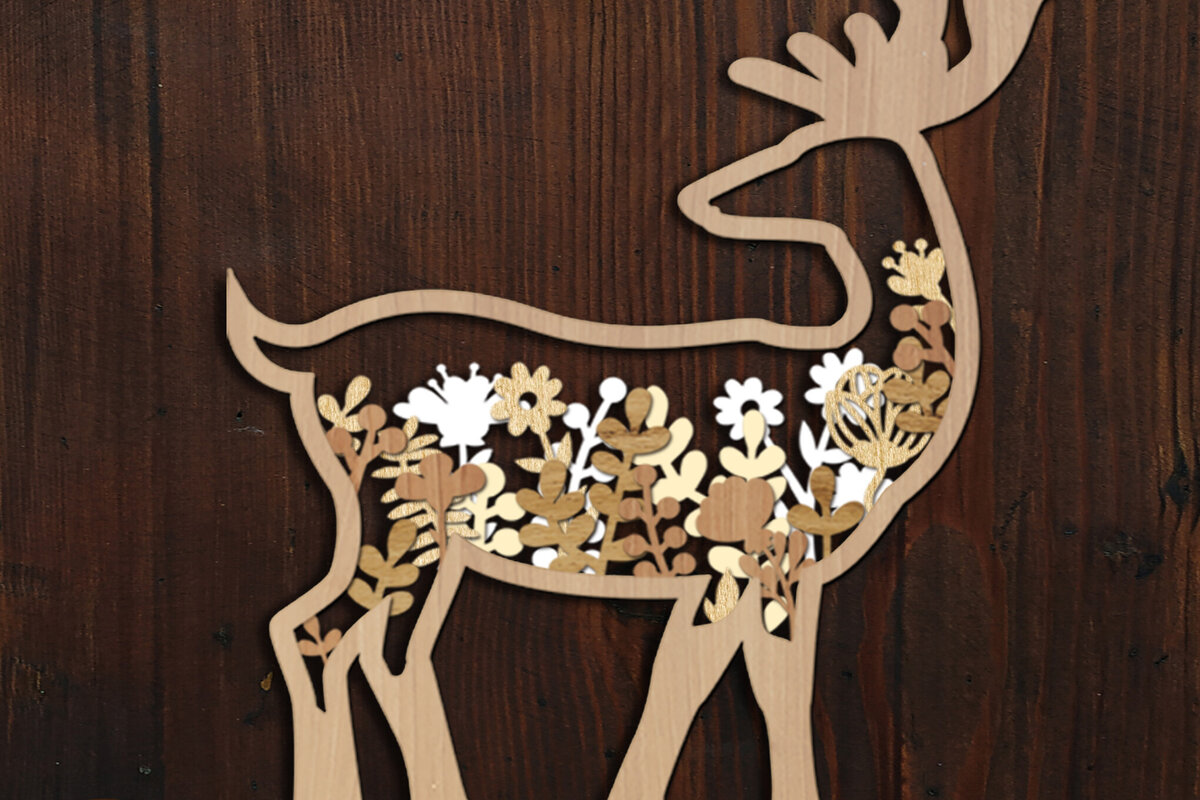 Σετ των 2 Intra απο ξύλο plywood 3mm-4mm πάχος - Πάνελ τοίχου με λουλουδάτα ελάφια Δίασταση 12x8 cm INTRAFABR-104438247