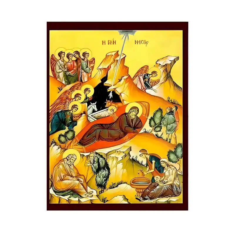 Σετ των 2 Εικόνα Ορθοδοξίας με περίγραμμα χρυσό σε ξύλο Φλαμουρίας  με  βάση Εικόνα Γέννηση του Χριστού Χειροποίητη Ελληνορθόδοξη , Κρεμαστή πλάκα βυζαντινής τέχνης, χριστιανική τέχνη Διάσταση 10x7 cm (3,9 x 2,8 ίντσες) INTRAEK-671009