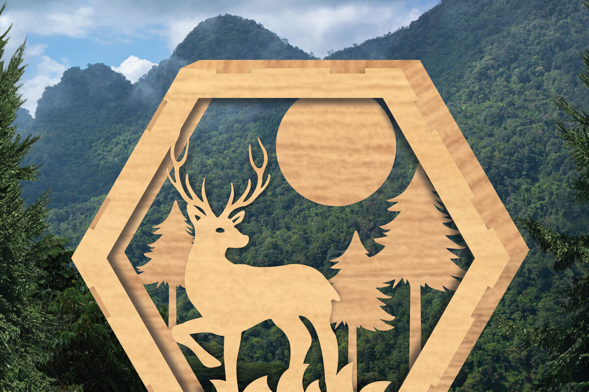 Σετ των 2 Intra απο ξύλο plywood 3mm-4mm πάχος - Deer Hexagon Cut Decor Home Decor  4 Δίασταση 20x20 cm INTRAFABR-112343347