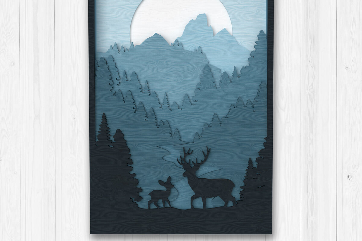 Intra απο ξύλο plywood 3mm-4mm πάχος - Ελάφια στο φεγγαρόφωτο δάσος Πολυεπίπεδη τέχνη Δίασταση 30x20 cm INTRAFABR-113766316