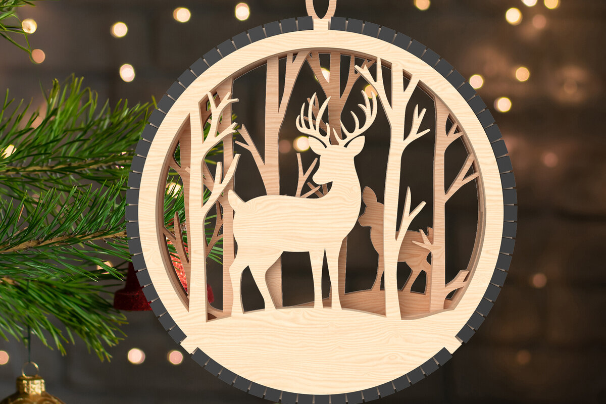 Σετ των 3 Intra απο ξύλο plywood 3mm-4mm πάχος - Ελάφια στο χριστουγεννιάτικο στολίδι του χειμερινού δάσους Δίασταση 6x6 cm INTRAFABR-107002200