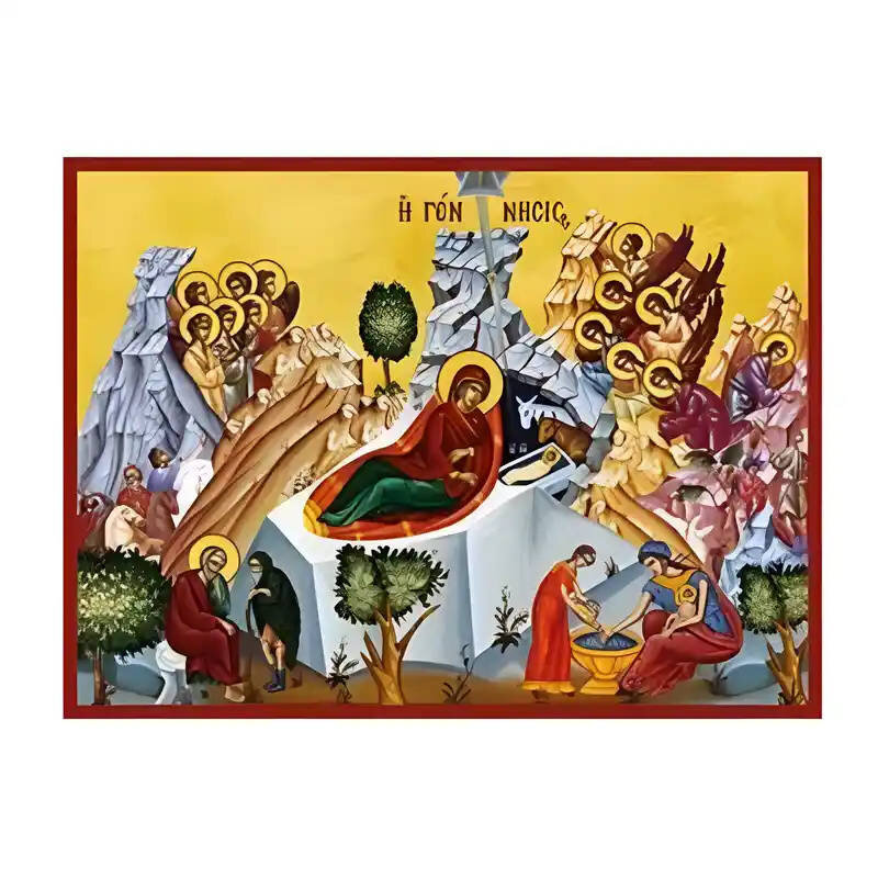 Σετ των 2 Εικόνα Ορθοδοξίας με περίγραμμα χρυσό σε ξύλο Φλαμουρίας  με  βάση Εικόνα Γέννηση του Χριστού Χειροποίητη Ελληνορθόδοξη , Κρεμαστή πλάκα βυζαντινής τέχνης, χριστιανική τέχνη Διάσταση 10x7 cm (3,9 x 2,8 ίντσες) INTRAEK-670820