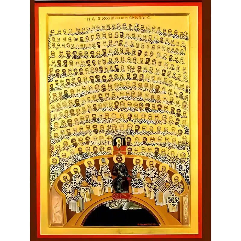 Εικόνα Ορθοδοξίας με περίγραμμα χρυσό σε ξύλο Φλαμουρίας  με  βάση Εικόνα ΑΓΙΑ ΠΡΩΤΗ ΟΙΚΟΥΜΕΝΙΚΗ ΣΥΝΟΔΟΣ, ΕΝ ΝΙΚΑΙΑ ΒΙΘΥΝΙΑΣ Χειροποίητη Ελληνορθόδοξη εικόνα του Ιησού Χριστού, Κρεμαστή πλάκα βυζαντινής τέχνης, χριστιανική τέχνη Διάσταση 40x30 cm (10,2x7,