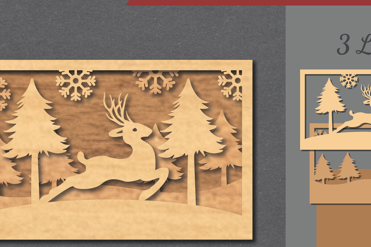 Σετ των 2 Intra απο ξύλο plywood 3mm-4mm πάχος - Deer Scene Laser Cut Decor Home  2 Δίασταση 20x20 cm INTRAFABR-112465783