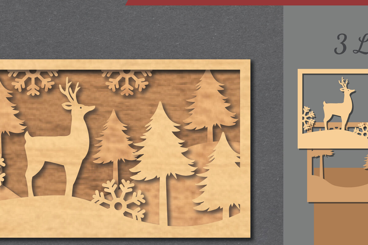Σετ των 2 Intra απο ξύλο plywood 3mm-4mm πάχος - Deer Scene Laser Cut Decor Home  5 Δίασταση 20x20 cm INTRAFABR-112465939