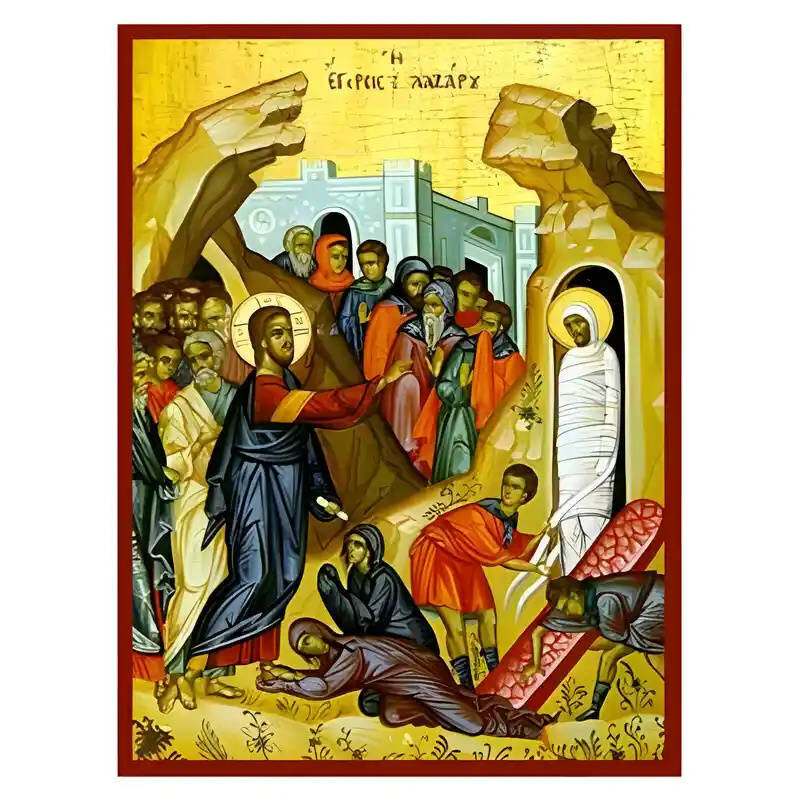 Σετ των 2 Εικόνα Ορθοδοξίας με περίγραμμα χρυσό σε ξύλο Φλαμουρίας  με  βάση Εικόνα Έγερση Λαζάρου Χειροποίητη Ελληνορθόδοξη , Κρεμαστή πλάκα βυζαντινής τέχνης, χριστιανική τέχνη Διάσταση 10x7 cm (3,9 x 2,8 ίντσες) INTRAEK-671003