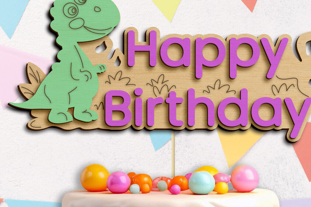 Σετ των 2 Intra απο ξύλο plywood 3mm-4mm πάχος - Dino Birthday , Cake Topper Laser Cut Δίασταση 20x20 cm INTRAFABR-119600436