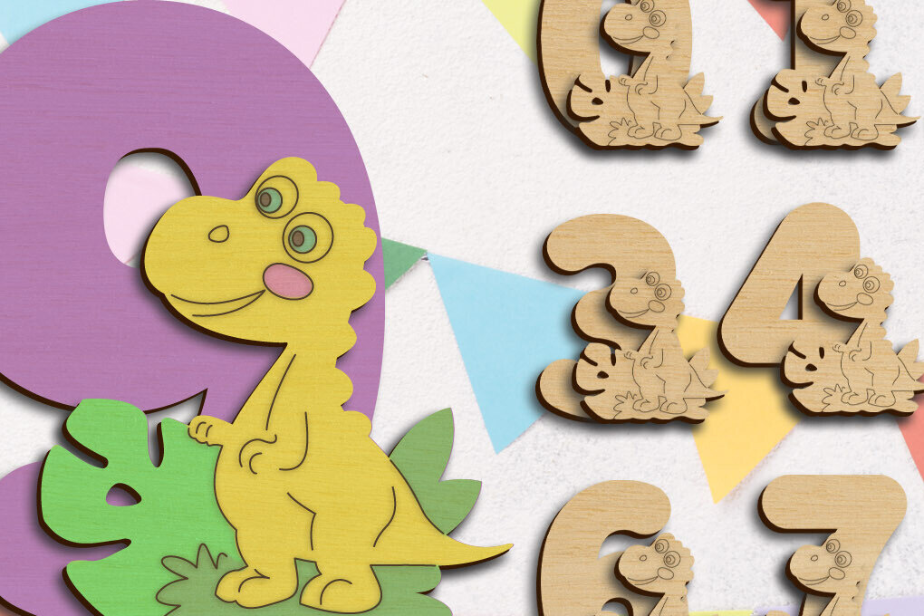 Σετ των 3 Intra απο ξύλο plywood 3mm-4mm πάχος - Dino Cake Topper 3d Birthday Numbers  Δίασταση 6x3 cm INTRAFABR-119599700