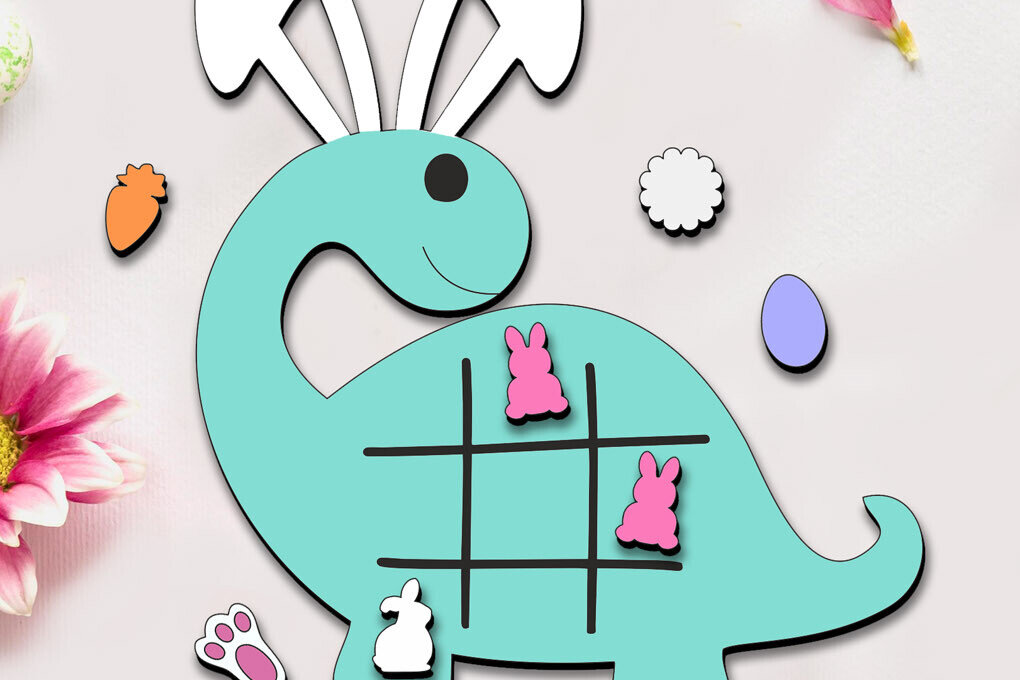 Σετ των 2 Intra απο ξύλο plywood 3mm-4mm πάχος - Dino Easter Tic Tac Toe Kid Game Παιδί Δίασταση 15x15 cm INTRAFABR-114022821