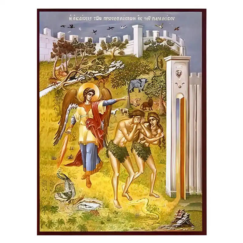 Σετ των 2 Εικόνα Ορθοδοξίας με περίγραμμα χρυσό σε ξύλο Φλαμουρίας  με  βάση Εικόνα Εξορία των πρωτοπλάστων από τον Παράδεισο Χειροποίητη Ελληνορθόδοξη , Κρεμαστή πλάκα βυζαντινής τέχνης, χριστιανική τέχνη Διάσταση 10x7 cm (3,9 x 2,8 ίντσες) INTRAEK-67099