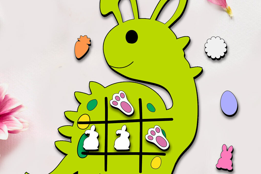 Σετ των 2 Intra απο ξύλο plywood 3mm-4mm πάχος - Dinosaur Easter Tic Tac Toe Kid Game  Δίασταση 15x15 cm INTRAFABR-114022853