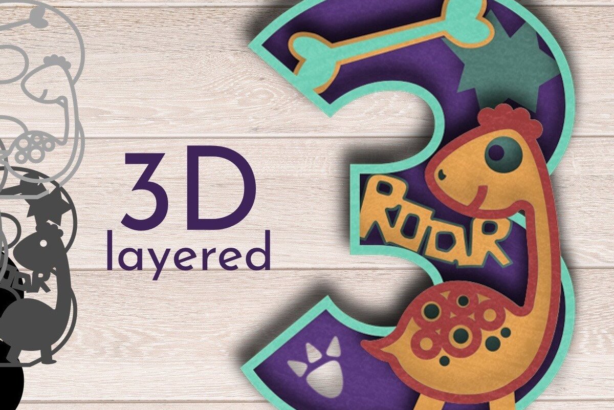 Σετ των 2 Intra απο ξύλο plywood 3mm-4mm πάχος - Dinosaur Number 3 , Laser Cutting Δίασταση 20x20 cm INTRAFABR-36735810