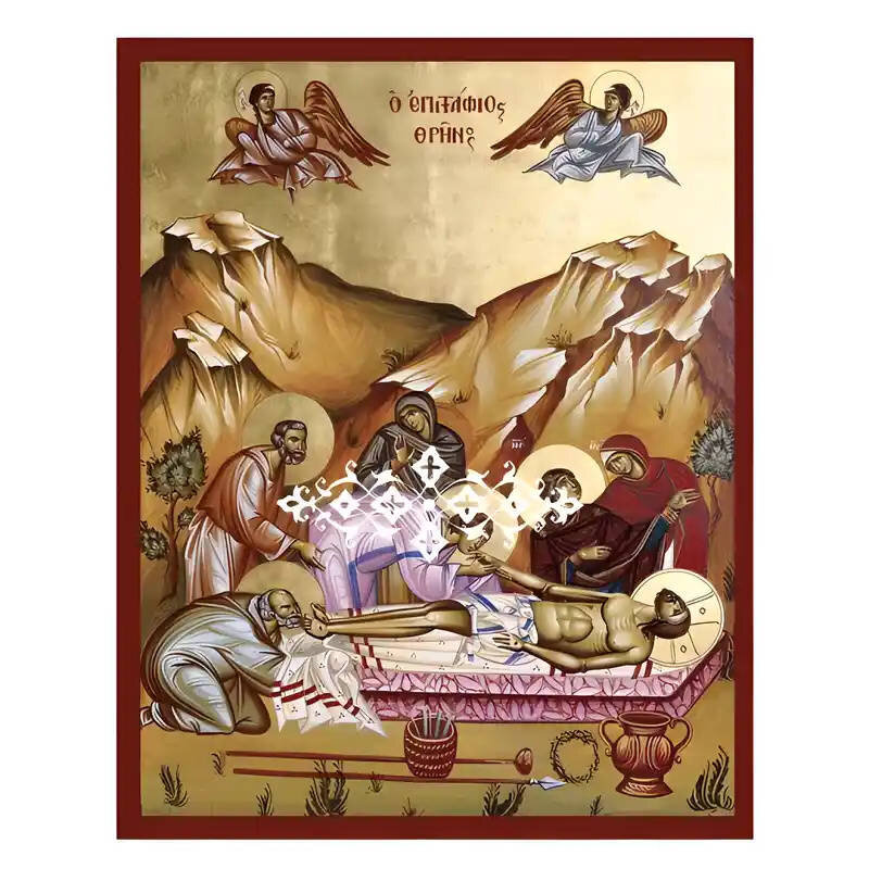 Σετ των 2 Εικόνα Ορθοδοξίας με περίγραμμα χρυσό σε ξύλο Φλαμουρίας  με  βάση Εικόνα Επιτάφιος Θρήνος Χειροποίητη Ελληνορθόδοξη , Κρεμαστή πλάκα βυζαντινής τέχνης, χριστιανική τέχνη Διάσταση 10x7 cm (3,9 x 2,8 ίντσες) INTRAEK-670810