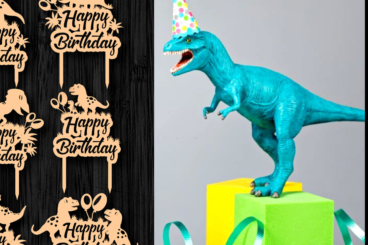 Σετ των 2 Intra απο ξύλο plywood 3mm-4mm πάχος - Dinosaurs Happy Birthday Topper Bundle Δίασταση 20x20 cm INTRAFABR-65746769
