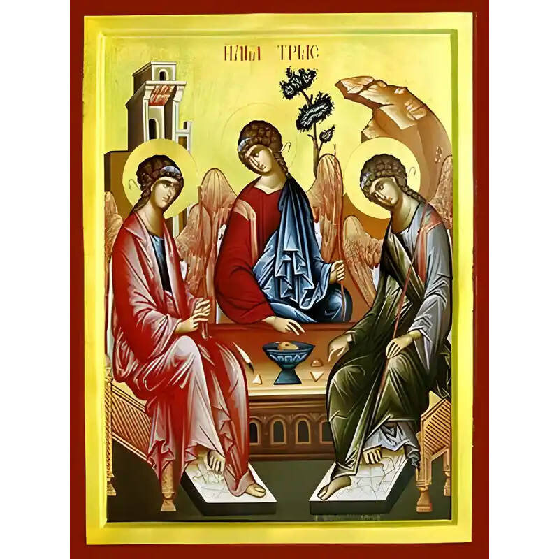 Εικόνα Ορθοδοξίας με περίγραμμα χρυσό σε ξύλο Φλαμουρίας  με  βάση Εικόνα ΑΓΙΑ ΤΡΙΑΣ (ΤΡΕΙΣ ΑΓΓΕΛΟΙ, ΕΚ ΤΗΣ ΦΙΛΟΞΕΝΙΑΣ ΤΟΥ ΑΒΡΑΑΜ) Χειροποίητη Ελληνορθόδοξη εικόνα του Ιησού Χριστού, Κρεμαστή πλάκα βυζαντινής τέχνης, χριστιανική τέχνη Διάσταση 40x30 cm (1