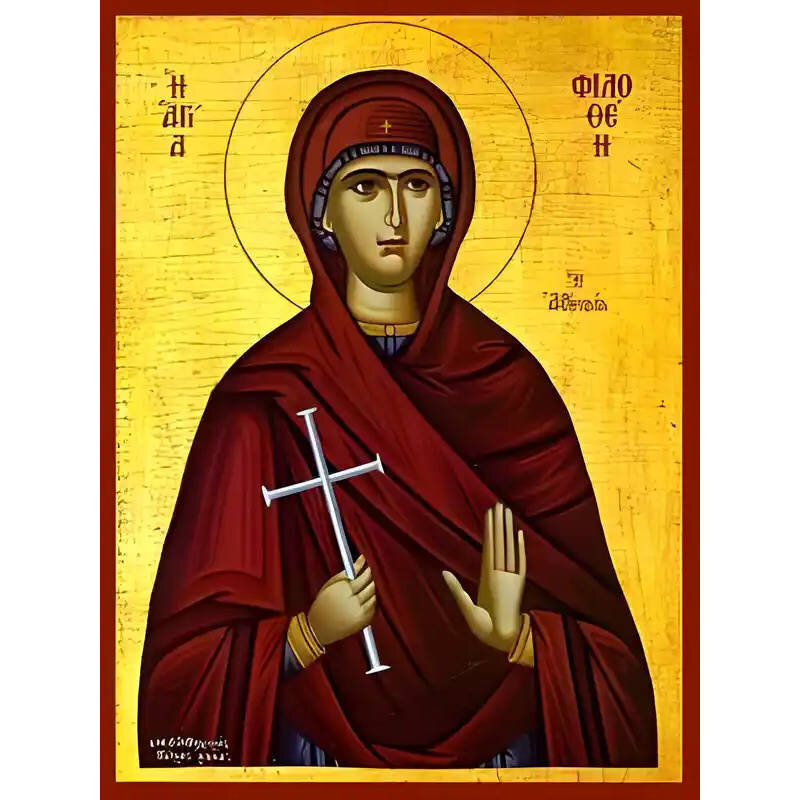 Εικόνα Ορθοδοξίας με περίγραμμα χρυσό σε ξύλο Φλαμουρίας  με  βάση Εικόνα ΑΓΙΑ ΦΙΛΟΘΕΗ, ΜΑΡΤΥΣ, Η ΑΘΗΝΑΙΑ Χειροποίητη Ελληνορθόδοξη εικόνα του Ιησού Χριστού, Κρεμαστή πλάκα βυζαντινής τέχνης, χριστιανική τέχνη Διάσταση 40x30 cm (10,2x7,9 ίντσες)  INTRAEK-