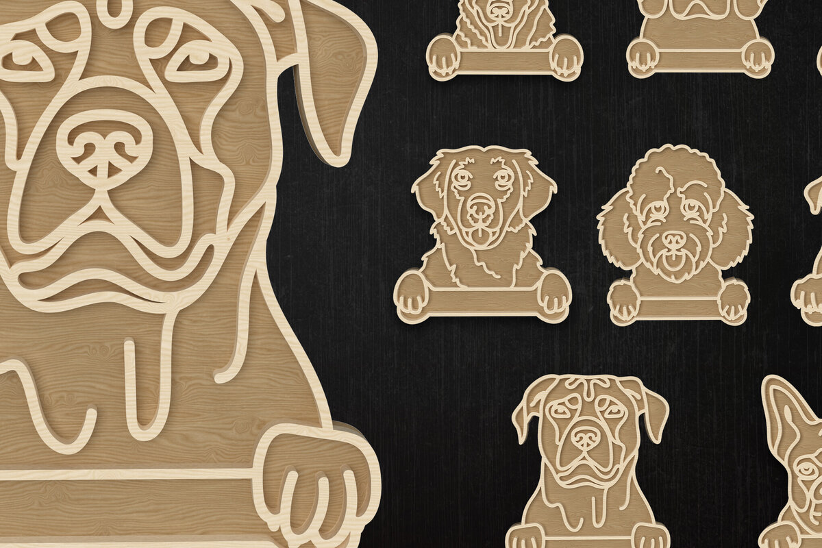 Σετ των 3 Intra απο ξύλο plywood 3mm-4mm πάχος - Δέσμη κοπής με λέιζερ περίγραμμα φυλής σκύλου Δίασταση 6x6 cm INTRAFABR-112507403