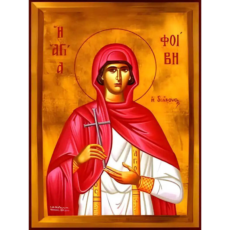 Εικόνα Ορθοδοξίας με περίγραμμα χρυσό σε ξύλο Φλαμουρίας  με  βάση Εικόνα ΑΓΙΑ ΦΟΙΒΗ Η ΔΙΑΚΟΝΟΣ, ΕΙΣ ΚΕΧΡΙΕΣ ΚΟΡΙΝΘΟΥ Χειροποίητη Ελληνορθόδοξη εικόνα του Ιησού Χριστού, Κρεμαστή πλάκα βυζαντινής τέχνης, χριστιανική τέχνη Διάσταση 40x30 cm (10,2x7,9 ίντσε