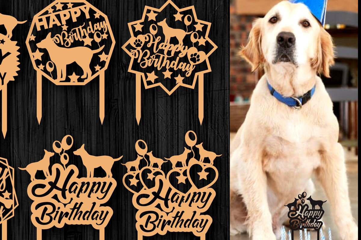 Σετ των 2 Intra απο ξύλο plywood 3mm-4mm πάχος - Dog Happy Birthday Cake Topper Bundle Δίασταση 20x20 cm INTRAFABR-65746748