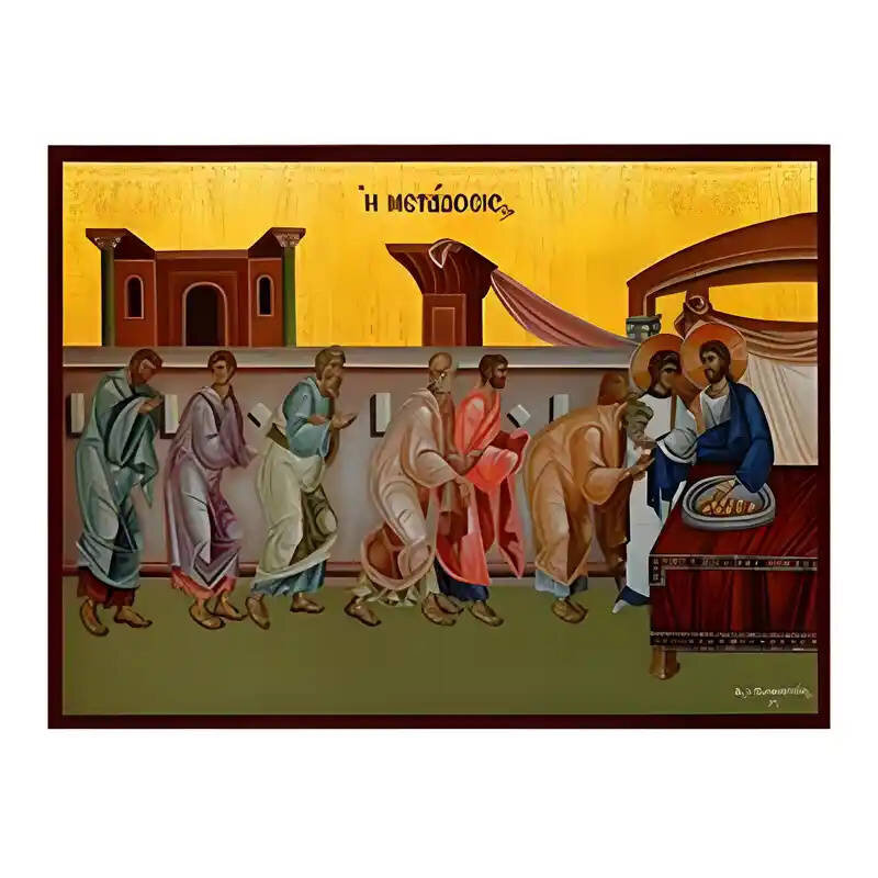 Σετ των 2 Εικόνα Ορθοδοξίας με περίγραμμα χρυσό σε ξύλο Φλαμουρίας  με  βάση Εικόνα Θεία Μετάδοση του Άρτου Χειροποίητη Ελληνορθόδοξη , Κρεμαστή πλάκα βυζαντινής τέχνης, χριστιανική τέχνη Διάσταση 10x7 cm (3,9 x 2,8 ίντσες) INTRAEK-670982