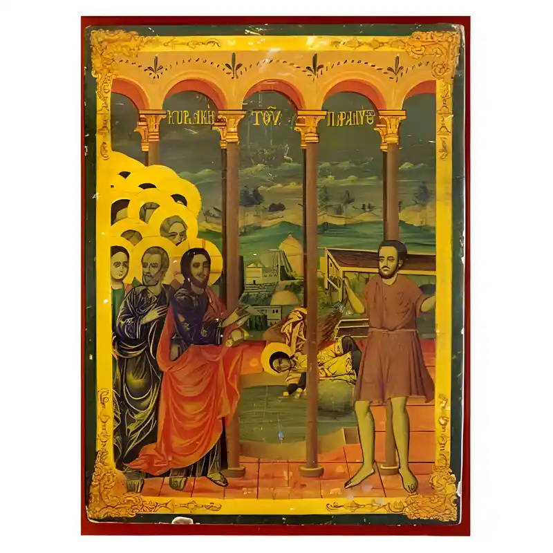 Σετ των 2 Εικόνα Ορθοδοξίας με περίγραμμα χρυσό σε ξύλο Φλαμουρίας  με  βάση Εικόνα Κυριακή του Παραλύτου Χειροποίητη Ελληνορθόδοξη , Κρεμαστή πλάκα βυζαντινής τέχνης, χριστιανική τέχνη Διάσταση 10x7 cm (3,9 x 2,8 ίντσες) INTRAEK-670977