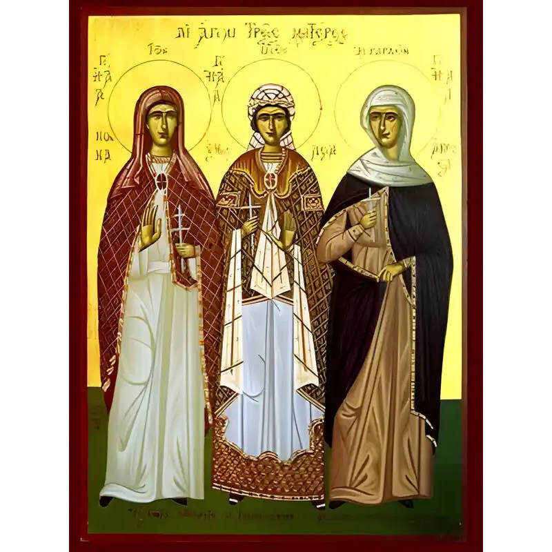 Εικόνα Ορθοδοξίας με περίγραμμα χρυσό σε ξύλο Φλαμουρίας  με  βάση Εικόνα ΑΓΙΑΙ ΤΡΕΙΣ ΜΗΤΕΡΕΣ, ΝΟΝΝΑ, ΕΜΜΕΛΕΙΑ, ΑΝΘΟΥΣΑ, ΟΛΟΣΩΜΕΣ Χειροποίητη Ελληνορθόδοξη εικόνα του Ιησού Χριστού, Κρεμαστή πλάκα βυζαντινής τέχνης, χριστιανική τέχνη Διάσταση 40x30 cm (10