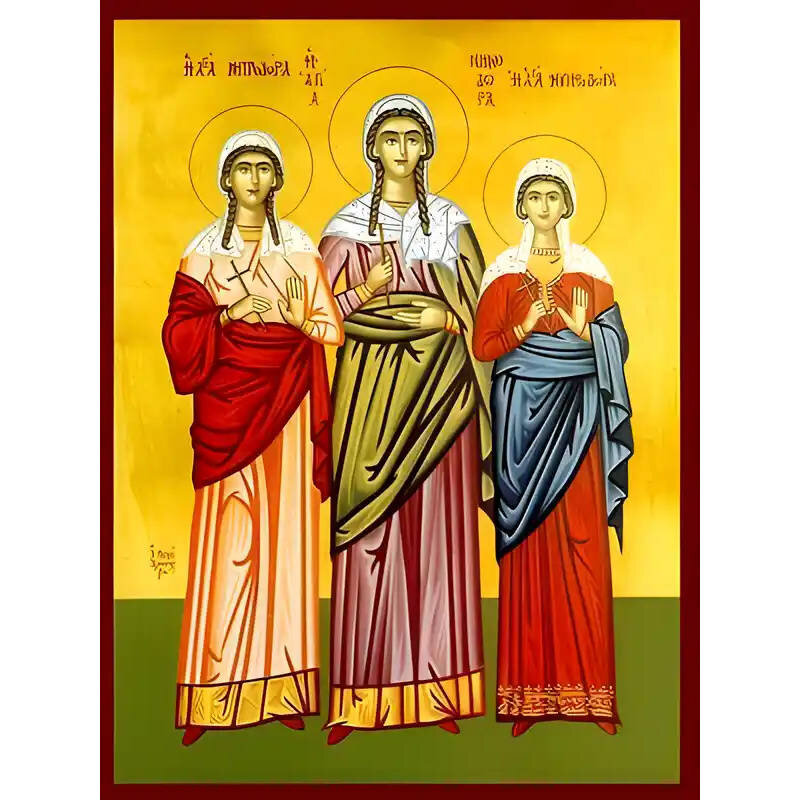 Εικόνα Ορθοδοξίας με περίγραμμα χρυσό σε ξύλο Φλαμουρίας  με  βάση Εικόνα ΑΓΙΕΣ ΜΗΝΟΔΩΡΑ, ΜΗΤΡΟΔΩΡΑ, ΝΥΜΦΟΔΩΡΑ, ΝΙΚΟΜΗΔΕΙΑΣ, ΟΛΟΣΩΜΕΣ Χειροποίητη Ελληνορθόδοξη εικόνα του Ιησού Χριστού, Κρεμαστή πλάκα βυζαντινής τέχνης, χριστιανική τέχνη Διάσταση 40x30 cm