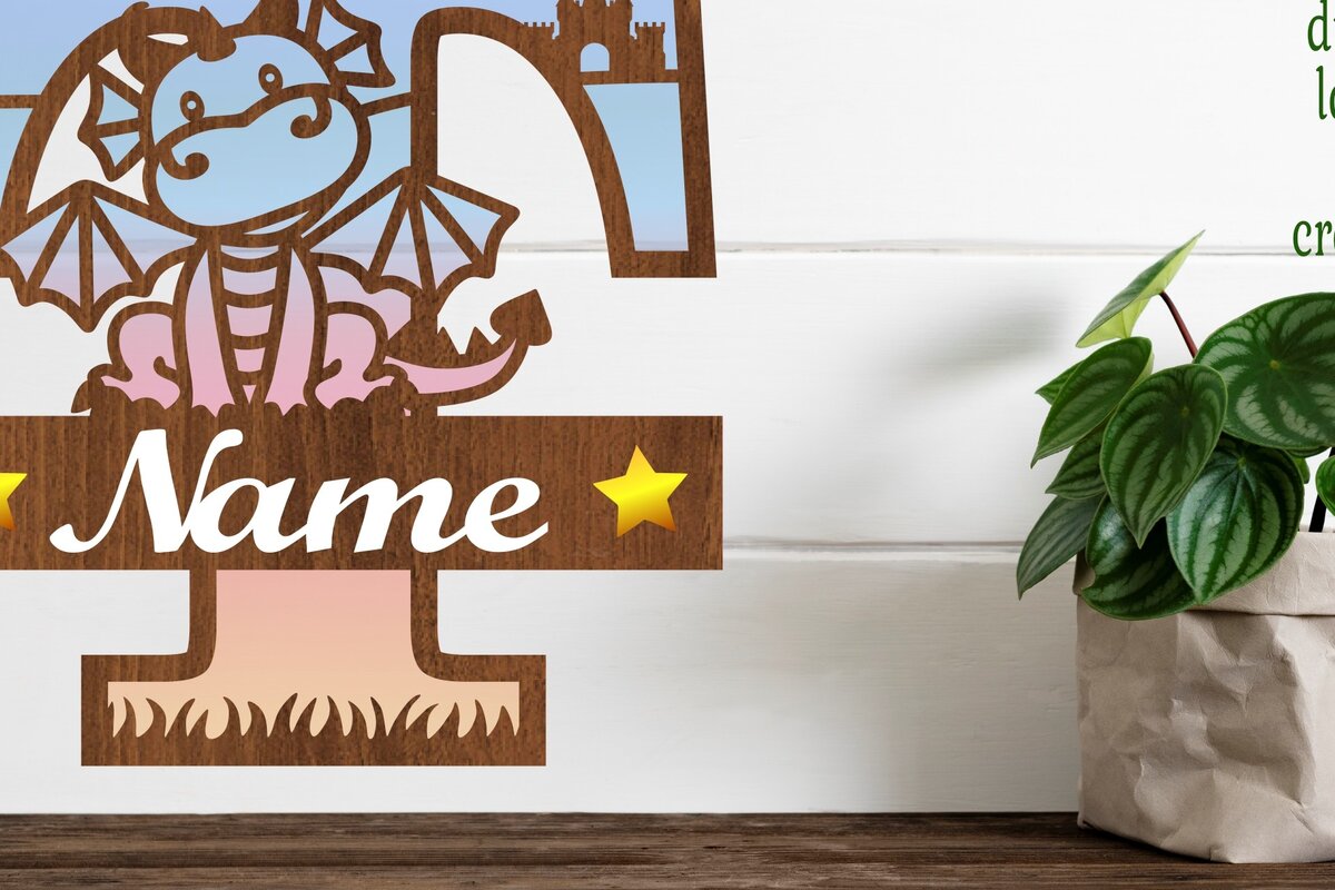 Σετ των 2 Intra απο ξύλο plywood 3mm-4mm πάχος - Δράκος κεφαλαίο μονόγραμμα Γράμμα T  Cut Δίασταση 30x20 cm INTRAFABR-75363913