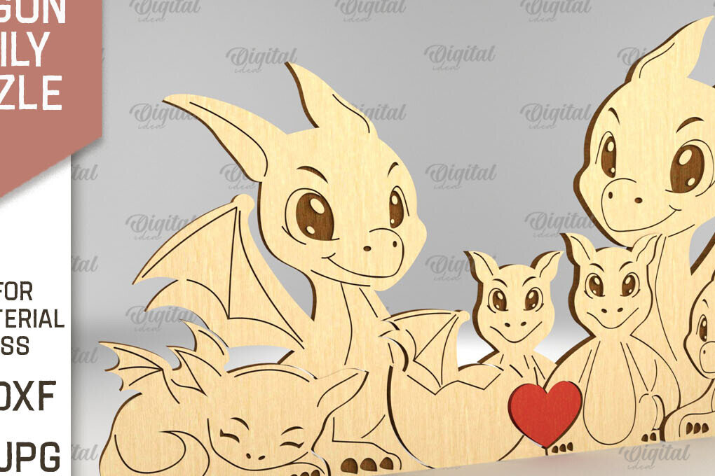 Σετ των 2 Intra απο ξύλο plywood 3mm-4mm πάχος - Dragon Family Puzzle Laser Cut  Δίασταση 30x20 cm INTRAFABR-91505319
