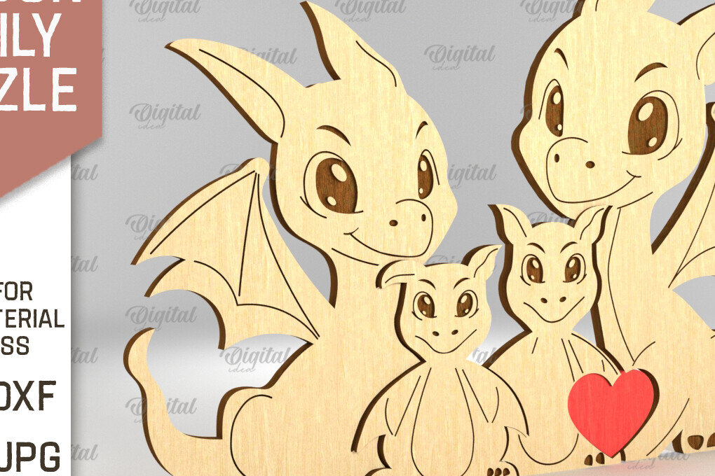 Σετ των 2 Intra απο ξύλο plywood 3mm-4mm πάχος - Dragon Family Puzzle  Δίασταση 30x20 cm INTRAFABR-93163949