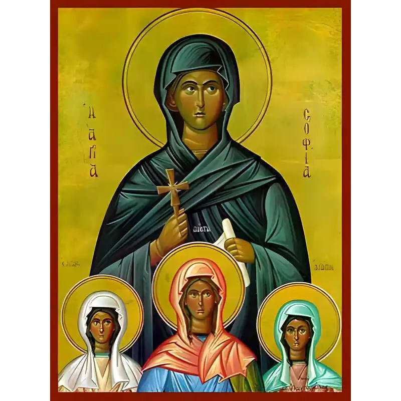 Εικόνα Ορθοδοξίας με περίγραμμα χρυσό σε ξύλο Φλαμουρίας  με  βάση Εικόνα ΑΓΙΕΣ ΣΟΦΙΑ ΚΑΙ ΘΥΓΑΤΕΡΕΣ, ΠΙΣΤΙΣ, ΕΛΠΙΣ ΚΑΙ ΑΓΑΠΗ Χειροποίητη Ελληνορθόδοξη εικόνα του Ιησού Χριστού, Κρεμαστή πλάκα βυζαντινής τέχνης, χριστιανική τέχνη Διάσταση 40x30 cm (10,2x7,