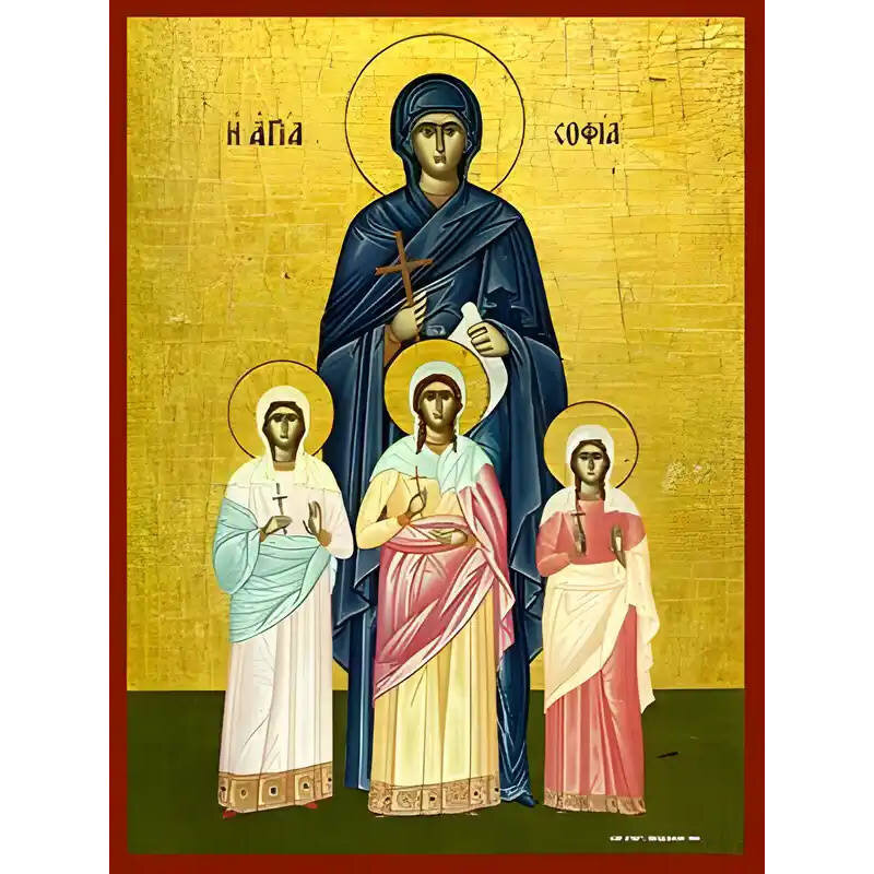 Εικόνα Ορθοδοξίας με περίγραμμα χρυσό σε ξύλο Φλαμουρίας  με  βάση Εικόνα ΑΓΙΕΣ ΣΟΦΙΑ ΚΑΙ ΘΥΓΑΤΕΡΕΣ, ΠΙΣΤΙΣ, ΕΛΠΙΣ ΚΑΙ ΑΓΑΠΗ, ΟΛΟΣΩΜΕΣ Χειροποίητη Ελληνορθόδοξη εικόνα του Ιησού Χριστού, Κρεμαστή πλάκα βυζαντινής τέχνης, χριστιανική τέχνη Διάσταση 40x30 c
