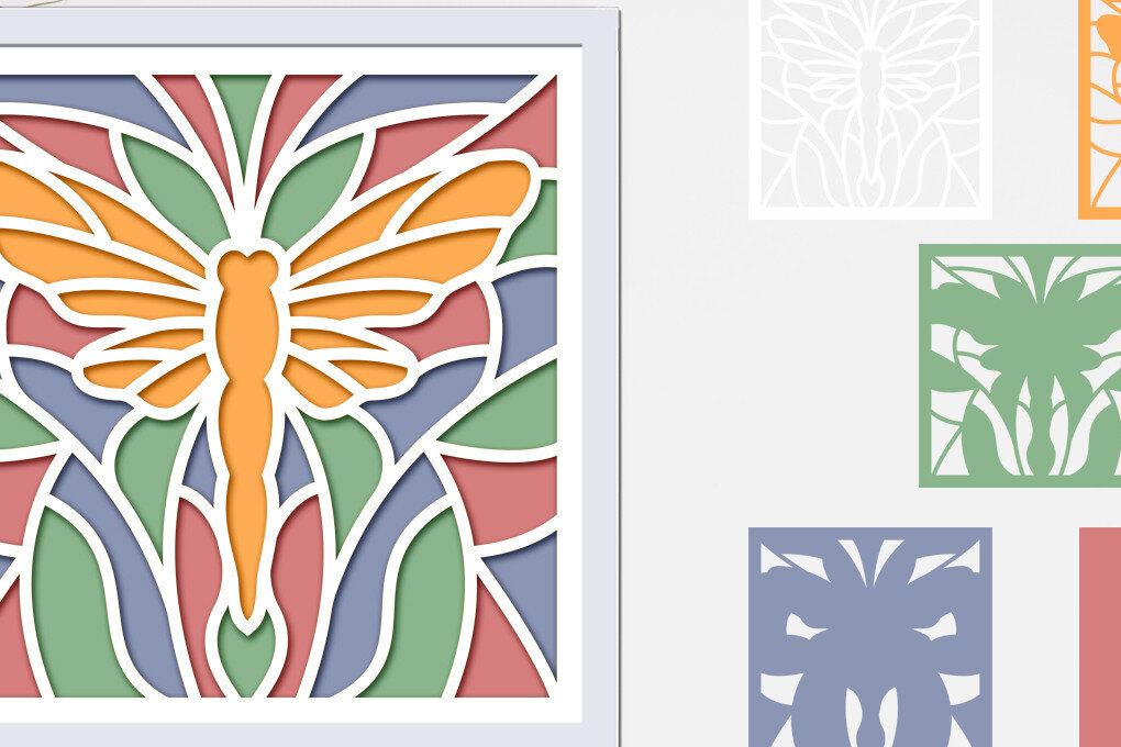 Σετ των 3 Intra απο ξύλο plywood 3mm-4mm πάχος - Dragonfly βιτρό 3d Shadow Box Δίασταση 8x8 cm INTRAFABR-72826184