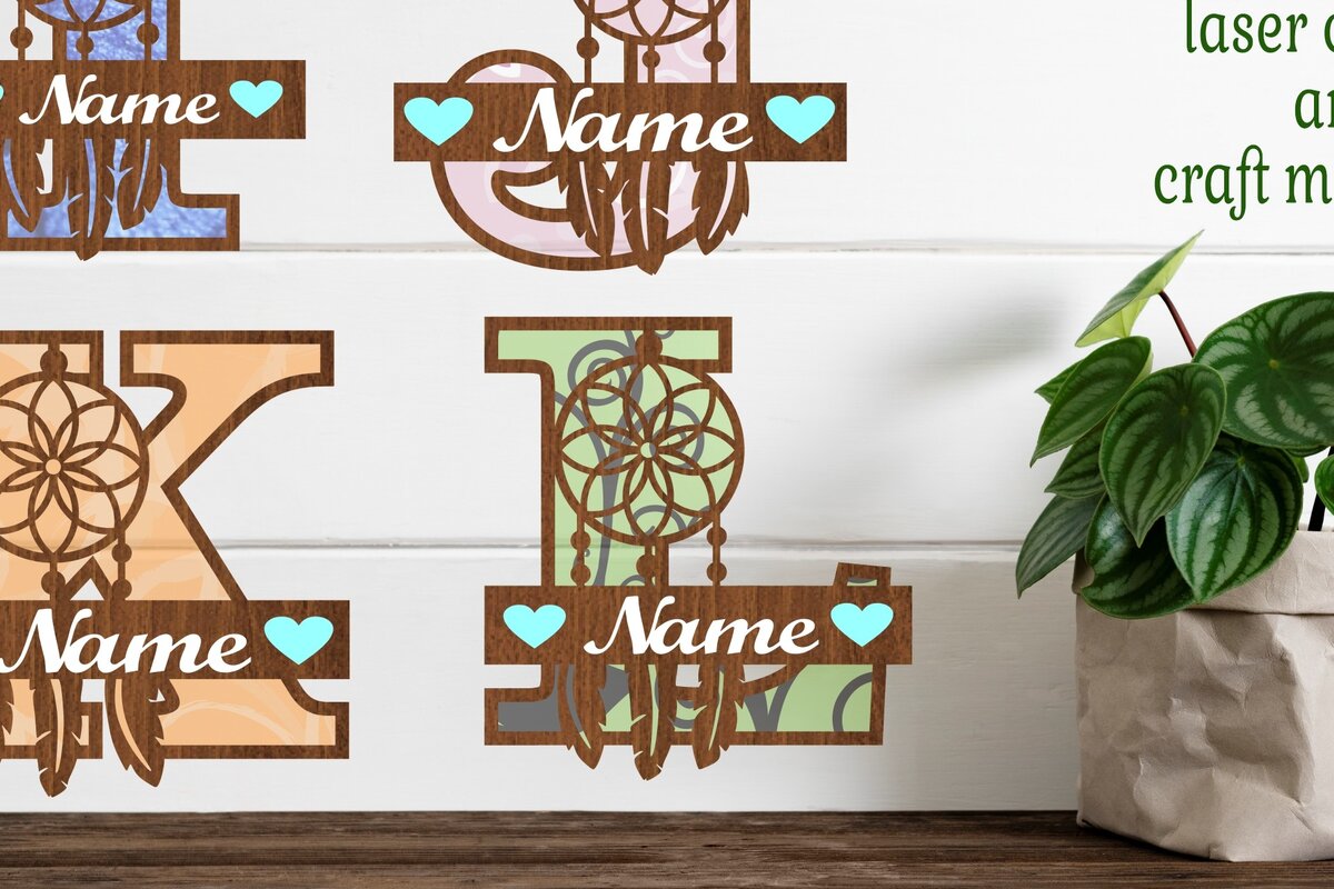 Σετ των 2 Intra απο ξύλο plywood 3mm-4mm πάχος - Πακέτο γραμμάτων μονογράμματος Dreamcatcher  Δίασταση 20x20 cm INTRAFABR-71517565