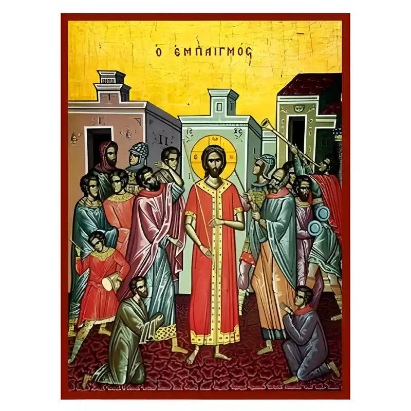 Σετ των 2 Εικόνα Ορθοδοξίας με περίγραμμα χρυσό σε ξύλο Φλαμουρίας  με  βάση Εικόνα Ο εμπαιγμός του Ιησού Χειροποίητη Ελληνορθόδοξη , Κρεμαστή πλάκα βυζαντινής τέχνης, χριστιανική τέχνη Διάσταση 10x7 cm (3,9 x 2,8 ίντσες) INTRAEK-670967