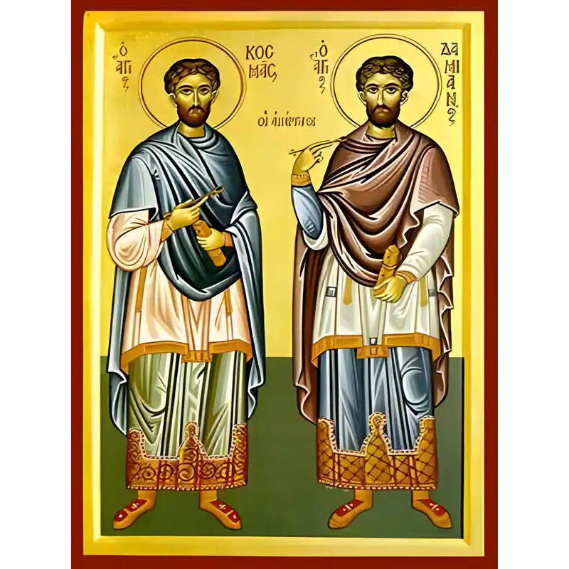 Εικόνα Ορθοδοξίας με περίγραμμα χρυσό σε ξύλο Φλαμουρίας  με  βάση Εικόνα ΑΓΙΟΙ ΑΝΑΡΓΥΡΟΙ, ΚΟΣΜΑΣ ΚΑΙ ΔΑΜΙΑΝΟΣ, ΟΛΟΣΩΜΟΙ Χειροποίητη Ελληνορθόδοξη εικόνα του Ιησού Χριστού, Κρεμαστή πλάκα βυζαντινής τέχνης, χριστιανική τέχνη Διάσταση 40x30 cm (10,2x7,9 ίν