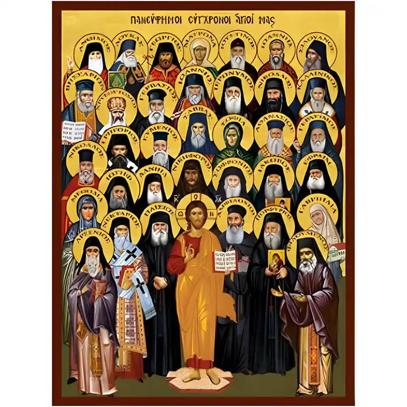 Σετ των 2 Εικόνα Ορθοδοξίας με περίγραμμα χρυσό σε ξύλο Φλαμουρίας  με  βάση Εικόνα Πανεύφημοι σύγχρονοι Άγιοι Χειροποίητη Ελληνορθόδοξη , Κρεμαστή πλάκα βυζαντινής τέχνης, χριστιανική τέχνη Διάσταση 10x7 cm (3,9 x 2,8 ίντσες) INTRAEK-670963