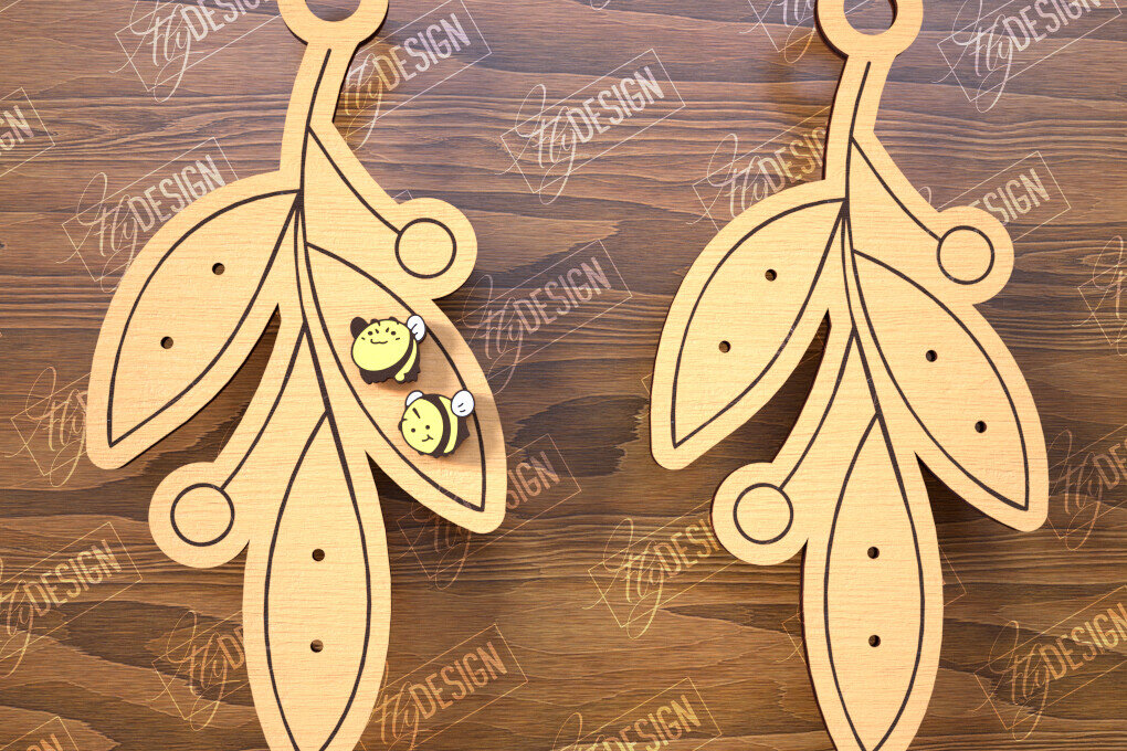 Σετ των 3 Intra απο ξύλο plywood 3mm-4mm πάχος - Εμφάνιση σκουλαρικιών | Οθόνη σε σχήμα φύλλων Δίασταση 3x3 cm INTRAFABR-102524935